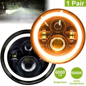 2Pc 7in 6000LM Round LED Headlight Halo Angel Eyes For Jeep Wrangler TJ JK CJ With H4 To H13 Adapter Plug And Play (Color: Black)
