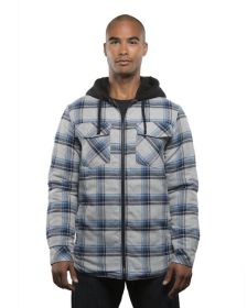 Burnside B8620 Men's Hooded Flannel Jacket (Color: GREY/ BLUE, size: 3XL)